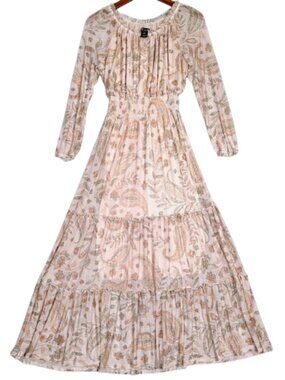 Kate And Lily Maxi Dress Women 4 Petite Beige Paisley Mesh Tiered Ruffle Cottage